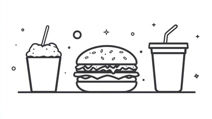Fast food illustration, simple cartoon burger and drink