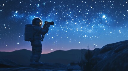 Fototapeta premium A 3D-rendered astronaut capturing a celestial view, holding a camera while stars twinkle.