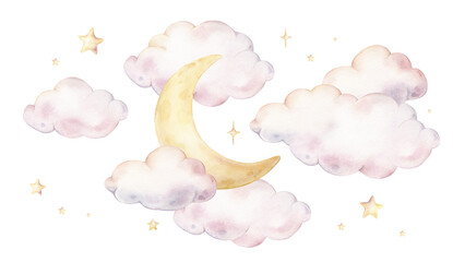 Hand drawn watercolor illustration of the moon with stars and clouds for Baby shower invitations or nursery wall art. Drawing sky for conveying a dreamy, mystical atmosphere for kids greeting cards. © Ekatmart