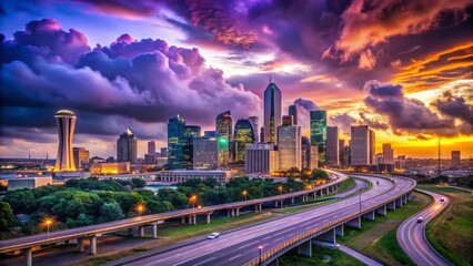 Obraz premium Moody Dallas Skyline at Dusk: Purple Clouds over Reunion Tower from Margaret Hunt Hill Bridge