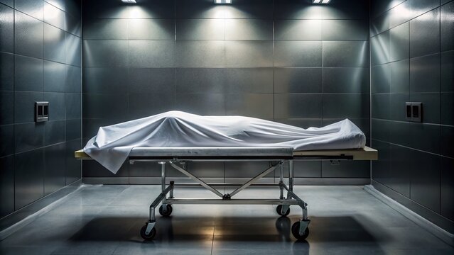Morgue Gurney: Unidentified Body Covered in White Sheet, Forensic Investigation, Crime Scene Photography