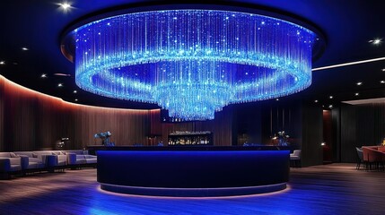 Elegant modern bar with a stunning blue chandelier, ambient lighting, and a sleek counter design