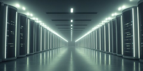 Lights reflecting on floor, long server rows with digital display panels.