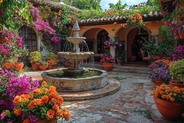 A Spanish Courtyard Fountain Surrounded By Vibrant Flowers
