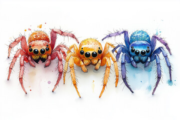 Watercolor cute colorful halloween spiders. Hand drawn autumn party illustration