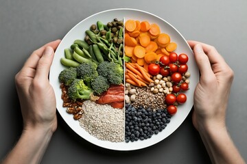 Colorful plate divided into sections with a variety of healthy foods, including broccoli, carrots, cherry tomatoes, blueberries, chickpeas, salmon, nuts, oats, and green beans, promoting balanced nutr