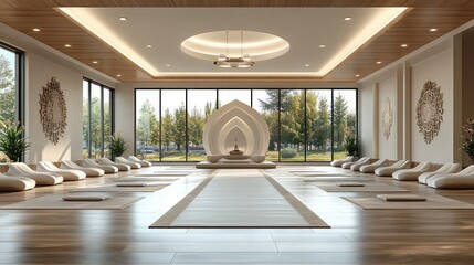 Serene meditation room with natural light, calming decor, and peaceful outdoor scenery
