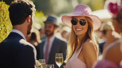 Elegant woman in pink hat and sunglasses holding glass of champagne at racing event. Old Money style