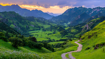Fototapeta premium Winding mountain road sunset valley landscape