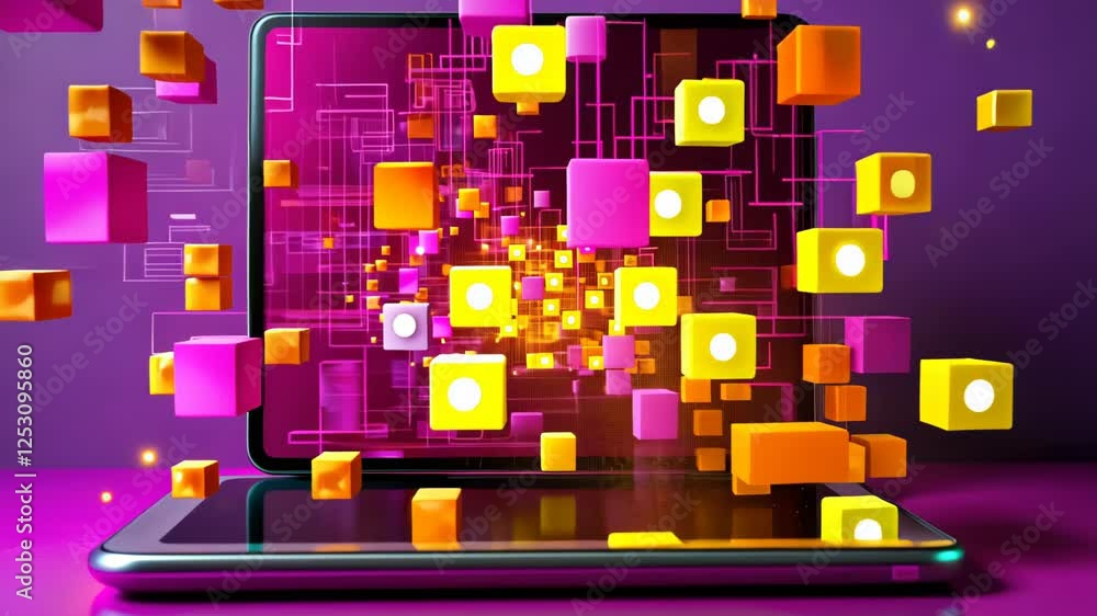 Poster exploring digital harmony with vibrant colors and dynamic shapes illuminating a modern device. gener