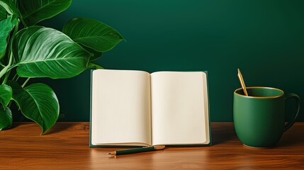 Open Notebook with Blank Pages and Green Mug on Wooden Table