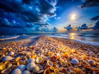 Obraz premium Mystical Seashell Beach at Night: Hundreds of Thousands of Shells Under Starry Sky