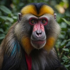 A strong mandrill with bright colors on its face.