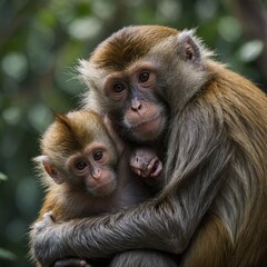 Fototapeta premium A baby and mother monkey cuddling together.