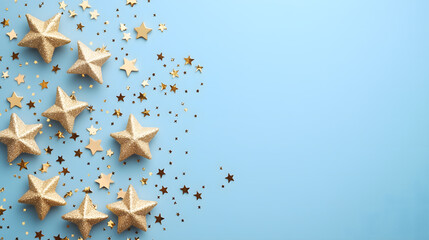 Gold Star Confetti Falling on Blue Background