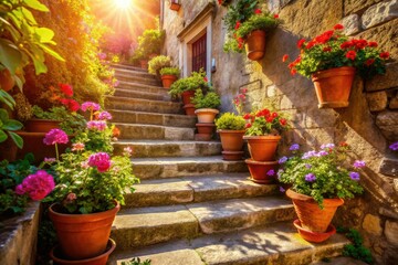 Fototapeta premium Rustic charm abounds: ancient stone steps, floral pots adorn a historical building's vintage architecture.