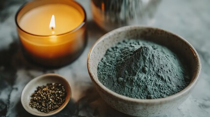 A calming scene featuring a lit candle, a bowl of green powder, and seeds for wellness.