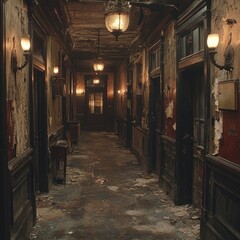 Fototapeta premium Dimly lit, decaying hallway in abandoned building; eerie atmosphere; potential use for horror or mystery