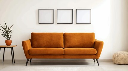 Fototapeta premium Modern Minimalist Living Room With Terracotta Sofa And Beige Wall