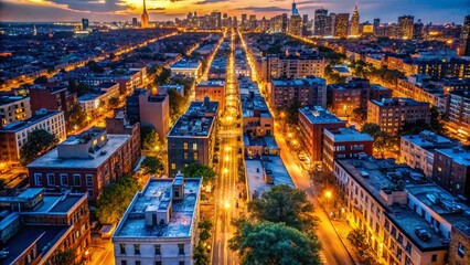 Naklejka premium Night Aerial View of Atlantic Avenue, Brooklyn, Vibrant Cityscape