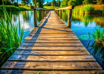 Fototapeta premium Rustic wooden bridge spans tranquil water, lush green grass softly blurring in the background.