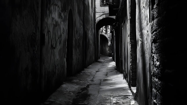 A dimly lit alleyway, where shadows stretch unnaturally long. The smell of decay fills the air, and an eerie, invisible presence seems to linger just out of sight.