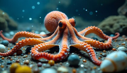 Vibrant orange octopus on ocean floor surrounded by pebbles and shells