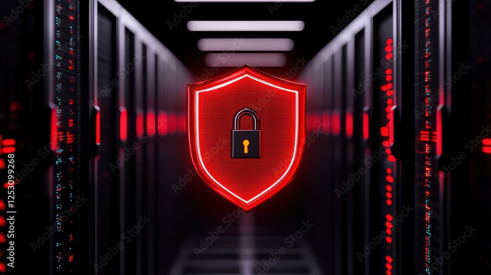 Poster digital security shield over server rack in data center environment
