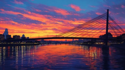 Fototapeta premium A bridge over a river at sunset, with vibrant city lights illuminating the scene.