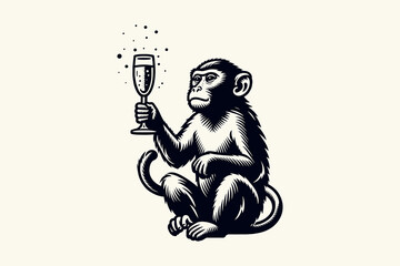Macaque holding a vintage champagne glass, black flat engraving icon © Victoria