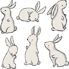Set of cute rabbits isolated on white background