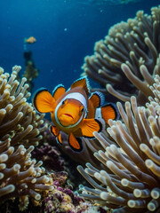 Colorful clownfish swimming through vibrant underwater life.