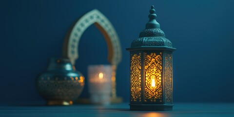 Obraz premium Moroccan lantern with intricate Islamic design, providing warm light ambiance. Perfect for festive occasions or cultural centerpieces.