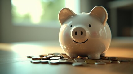 Cute Piggy Bank Surrounded by Coins on a Wooden Table