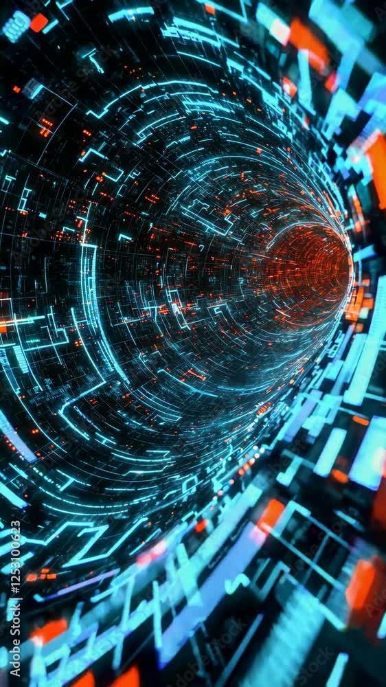 Poster luminous digital tunnel pulsing with electric blue, orange hues streaming through interconnected tec