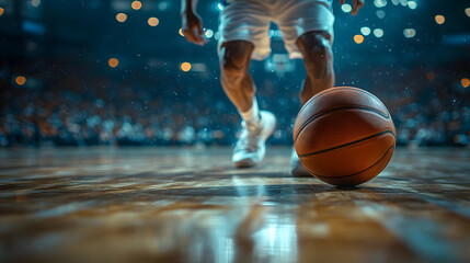 A basketball player dribbles the ball during a game. The image captures the intensity of the moment. The intense moment of a basketball game captured in a low angle shot. showcasing the skills action.
