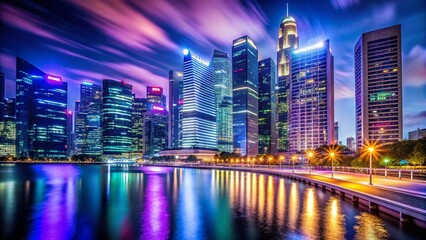 Fototapeta premium Night View of Illuminated Building Sign in Singapore's Central Business District