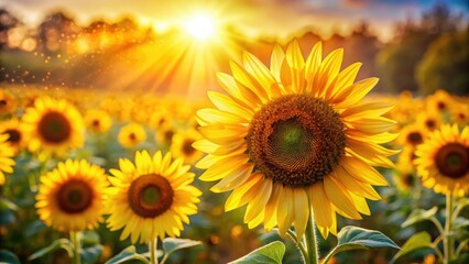 Obraz premium Sunflowers ablaze, bokeh-blurred backgrounds, bathed in natural sunlight.