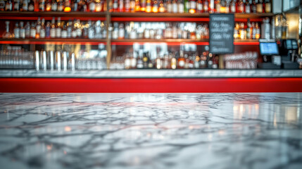 Empty grey marble countertop, blurred bar with liquor bottles in the background