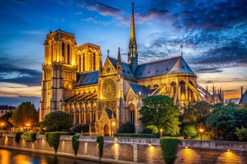 Naklejka premium Notre Dame Cathedral at Night - Low Light Gothic Architecture