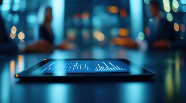 business team is analyzing financial graphs on tablet in modern office setting, with blurred background of colleagues engaged in discussion