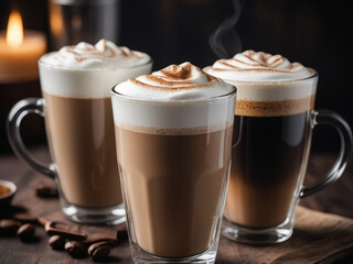 Delicious Latte or Mocha with Creamy Milk Foam – Served in a Glass Mug on Dark Wooden