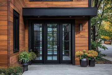 Modern home exterior with black door, wood siding, potted plants, and street view