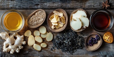 Variety of herbs, spices and natural ingredients for cooking and wellness.