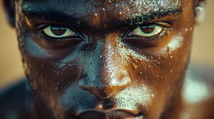 Close-up portrait of a determined man, sweat glistening on his face. His intense gaze speaks volumes. Intense Gaze: A Portrait of a runners face focused and Determination