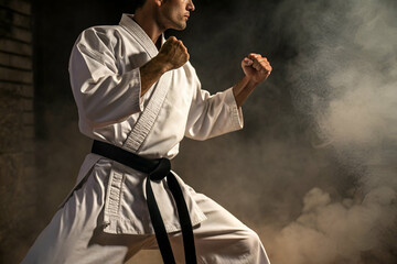 Martial Arts techniques ,Martial Arts Fighter In Powerful Stance With Combat Gear And Belt Style Martial