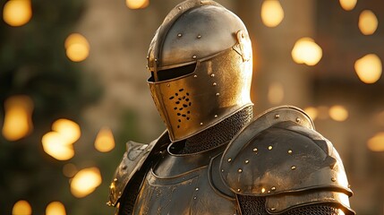Fototapeta premium A detailed view of a knight in shining armor displaying a heraldic crest