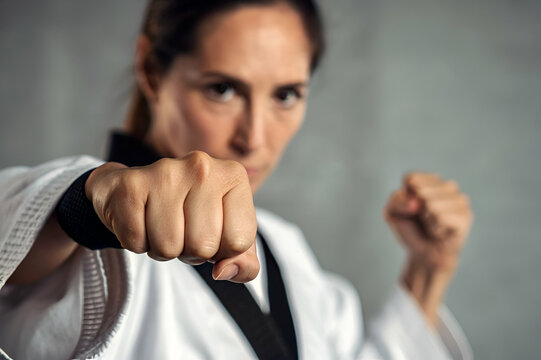 Martial Arts techniques ,Focused Woman In Martial Arts Stance With Punch and Focus on Action Training - Powered by Adobe