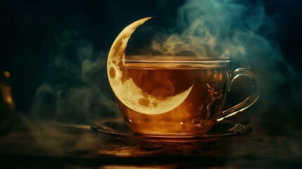 Double Exposure A magical cup of tea with a moon-shaped reflection, creating an enchanting ambiance.