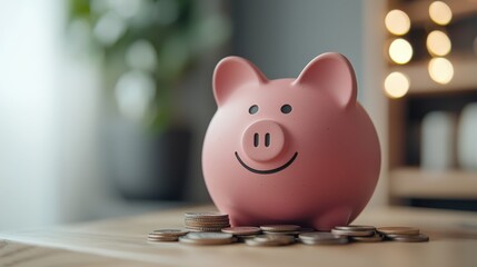 Smiling Piggy Bank with Coins on Table - Savings and Finance Concept